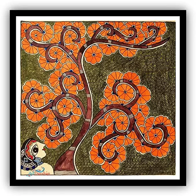 Artdarshan Madhubani Art Painting for Home Decoration Madhubani Paintings for Living room | Madhubani Framed Handmade Traditional Paintings | Size - 14 x 14 Inches